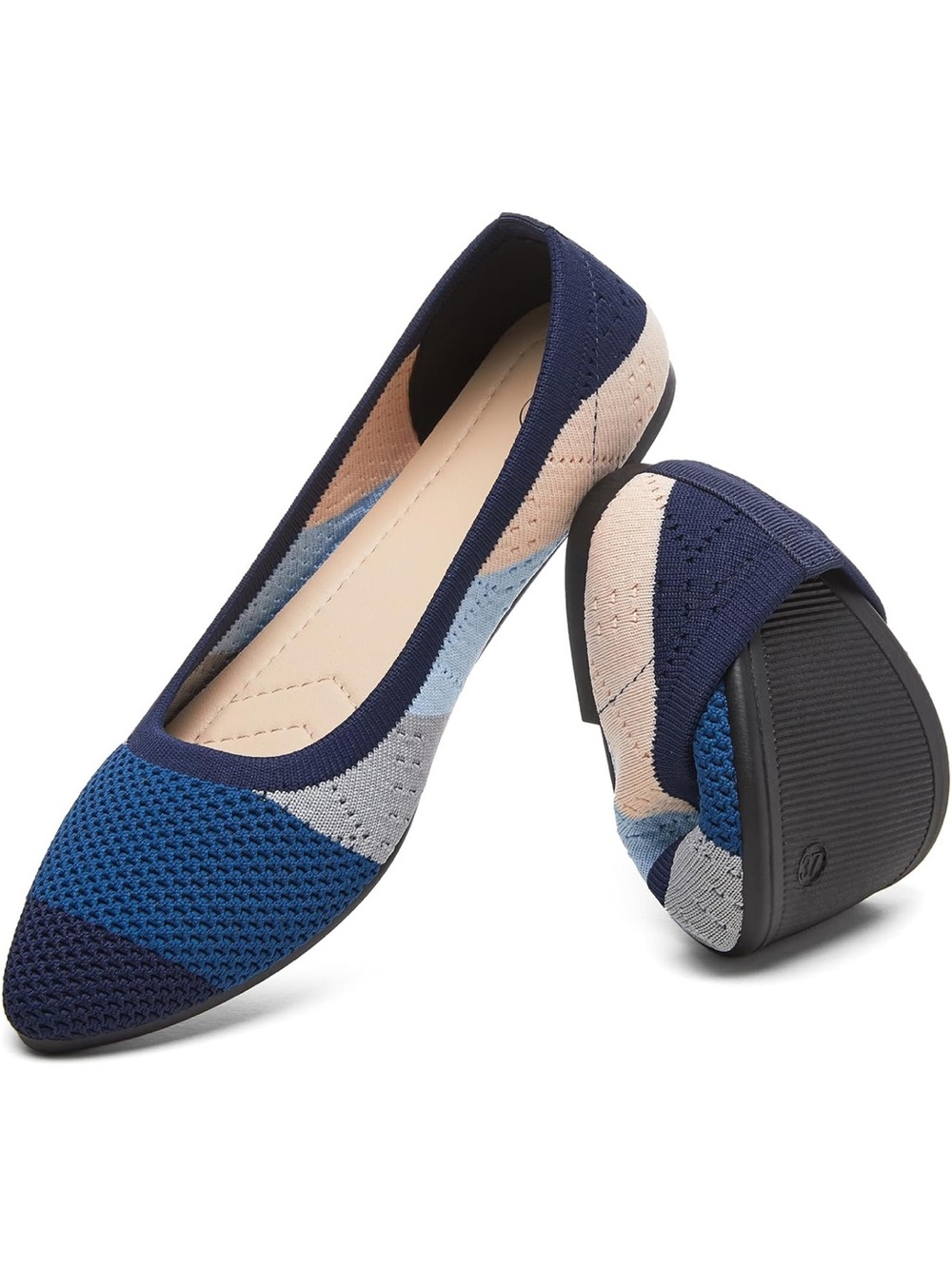 HEAWISH Blue, Grey, and Beige Striped Knit Pointed Toe Ballet Flats -10 / 41-